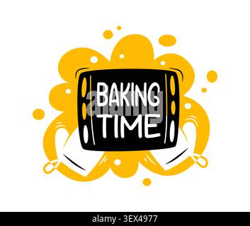Baking time icon with kitchen cooking glove mittens and oven plate for bakery cook. Baking time quote for cooking school, gourmet cuisine bakery or patisserie fast food menu emblem with kitchenware Stock Vector