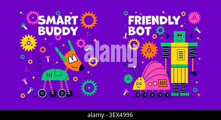 Funny kids t shirt prints with friendly bots and smart buddy funny robots cartoon characters. Retro robots, robotic dog pet and smart bot friend with cute mechanical animals and cogwheels for prints Stock Vector