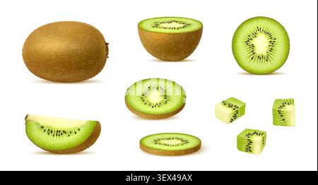 Realistic ripe kiwi fruit, vector 3d food. Green kiwifruit slices, half cut and whole. Realistic juicy fresh round slices, wedge, cubes or dices of tropical exotic kiwi fruits, vegan food ingredient Stock Vector