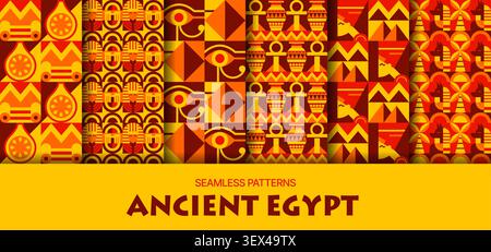 Ancient Egypt seamless patterns set with geometric ornament. Vibrant patterns with mosaic block pharaoh heads, Eye of Horus and pyramids. Yellow, orange, red and brown textures textile print Stock Vector