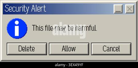 Pixel style security alert popup window with file warning, vector pixel art Stock Vector