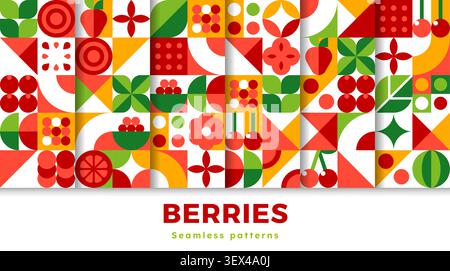 Ripe berry fruits seamless patterns set with geometric mosaic ornament with cherries, strawberries, citrus slices, watermelon, leaves and floral motifs in grid layout, evoking retro summer freshness Stock Vector