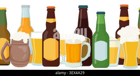 Beer in bottles, glasses and clay mugs. Vector illustration. Seamless foam drink border, isolated on a white background. Theme of pubs, bars, oktoberf Stock Vector