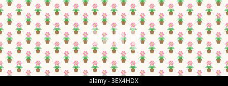horizontal seamless pink flower with green leaves and flowerpot on square dashed line background. Stock Vector