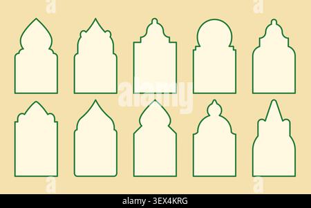 Set of Islamic window and door frames. Oriental style, arches for design. Empty traditional shapes with spires and curves. Vector graphics Stock Vector