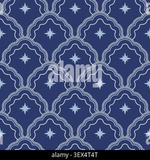 Sophisticated nautical pattern featuring compass stars framed by rope-inspired scalloped medallion Stock Vector