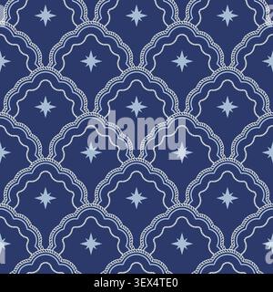 Sophisticated nautical pattern featuring compass stars framed by rope-inspired scalloped medallion Stock Vector