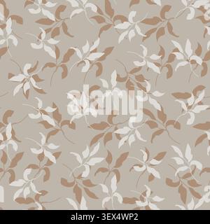 Leaves curvy basic branches taupe brown pattern print background with foliage plants. Botanical backdrop abstract style. Stock Vector