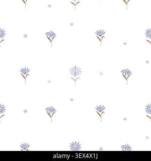 Flower pattern airy purple chamomiles on white background with garden flowers. Farmhouse spring colors backdrop Stock Vector