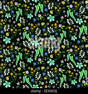 Flower dense pattern green background with meadow flowers. Farmhouse greenery dark backdrop Stock Vector