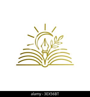 Modern minimalist elegant gold book logo with a pen nib. Stock Vector