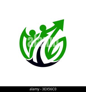 Professional success team logo featuring green leaves and active humans. Stock Vector
