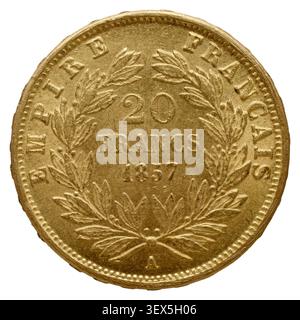 A 20 franc coin from Strasbourg, issued during the reign of Napoléon III, Emperor of the French from 1852 to 1870. Stock Photo