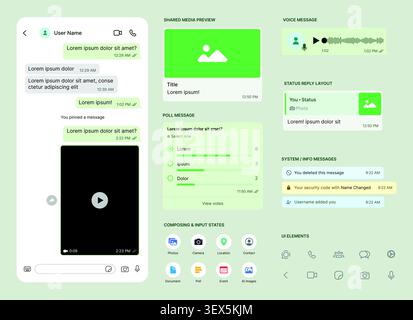 WhatsApp messaging interface UI template set with chat screen, voice messages, polls, status updates, media sharing and conversation components vector Stock Vector