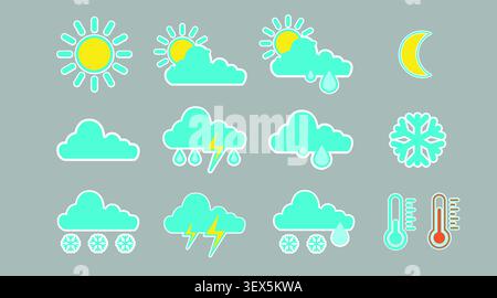 Colorful weather vector icon set: modern flat climate symbols collection with sun, rain clouds, lightning storm, and snow for mobile app widgets and f Stock Vector