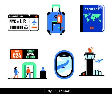 Travel and airport icon set with boarding pass, suitcase, passport, departure gate, airplane window and control tower vector Stock Vector