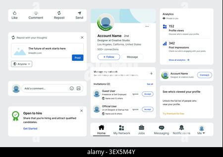LinkedIn professional networking UI template set with profile, feed, analytics, messaging and recruitment interface components vector Stock Vector