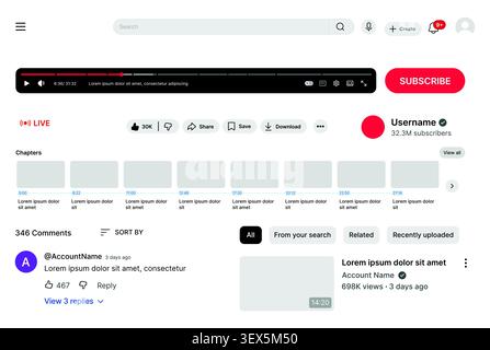 YouTube video player interface UI template with live streaming, comments, subscribe button, recommendations and channel layout vector Stock Vector