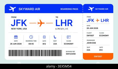 Airline boarding pass template with flight ticket, mobile pass, barcode, passenger information and airport travel design vector Stock Vector