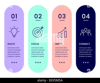 Four step business infographic template with vertical timeline layout, process stages, strategy icons and editable presentation design vector Stock Vector