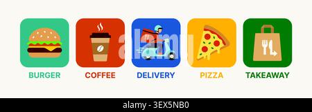 Food delivery service icon set with burger, coffee, pizza, takeaway bag and scooter courier for restaurant, online ordering and fast delivery vector Stock Vector