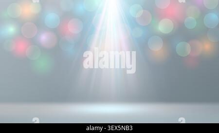 Spotlight backdrop. Light pastel background, multicolored bokeh. Background for displaying products. Bright beams of spotlights, shimmering glittering Stock Vector