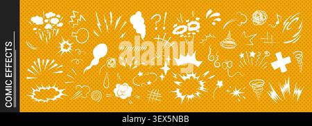 Explosive doodle comic action scene featuring dynamic burst effect vector illustration set. Stock Vector