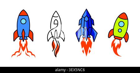 Rocket icon set with cartoon spacecraft, space shuttle and launch vehicle illustrations for startup, space exploration and business growth concepts. Stock Vector