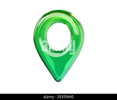 Glossy green 3D map location pin icon. Front view. Transparent glass or plastic navigation marker isolated on background for GPS, map, travel and UI d Stock Photo