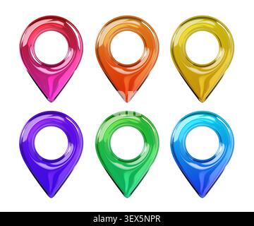 Set of glossy colored 3D map location pin icons. Front view. Transparent glass or plastic navigation marker isolated on background for GPS, map, trave Stock Photo