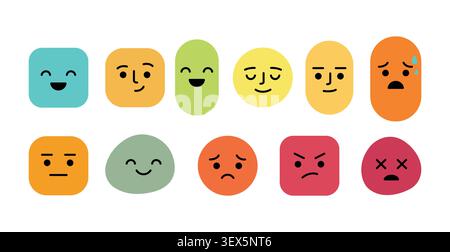 Emotion emoji icon set with happy, sad, angry, confused and expressive cartoon faces for reactions, feedback and user interface vector Stock Vector