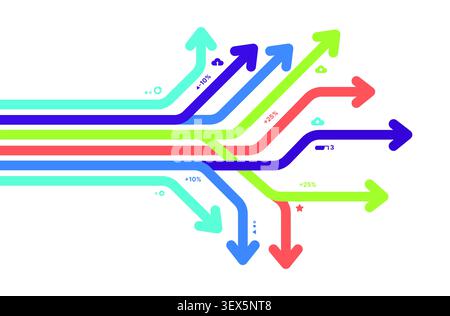 Business growth arrows infographic with colorful branching paths, upward trends, data flow and strategic direction visualization vector Stock Vector