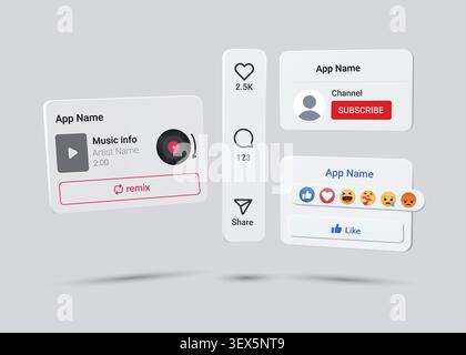 TikTok, YouTube and Facebook social media engagement UI elements with music player, subscribe panel, reactions and interaction widgets vector Stock Vector