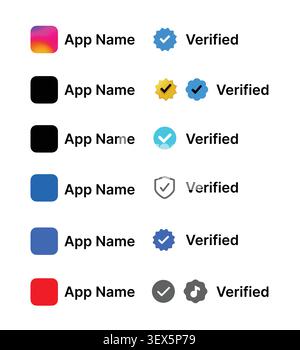 Instagram, X, Twitter, TikTok, Facebook, LinkedIn and YouTube verified badge UI template set with profile verification checkmark icons vector Stock Vector