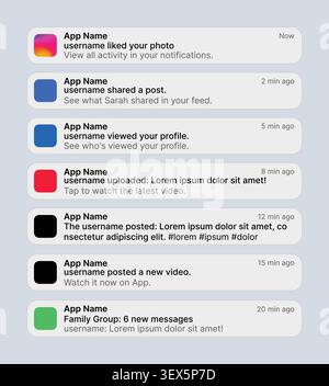 Instagram, Facebook, LinkedIn, YouTube, TikTok, X, Twitter and WhatsApp notification center UI templates for mobile social media apps vector Stock Vector