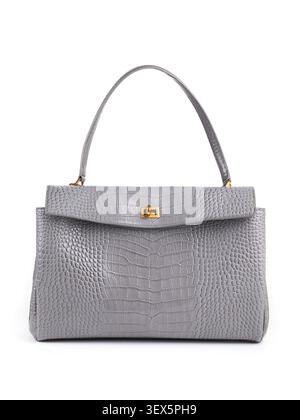An unbranded gray medium-sized leather women's bag, similar to a crocodile texture, isolated on a white background, front view. Stock Photo