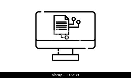 Desktop computer AI document icon: PC workstation displaying text file with artificial intelligence symbol on screen, minimalist black line art vector Stock Vector