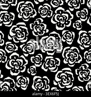 Seamless monochrome pattern with hand drawn abstract roses. Artistic brush strokes floral design in modern minimalist style Stock Vector