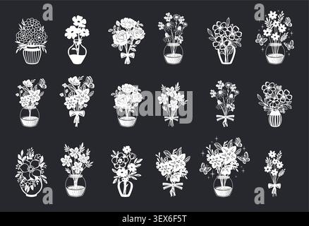 Set of flower and leaves silhouettes on the vase. Hand drawn floral design elements icons, shapes for decal and decor template. Wall sticker engraving Stock Vector
