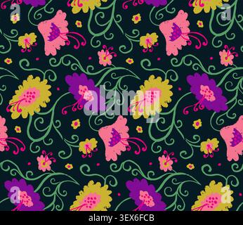 Vivid seamless pattern with hand drawn abstract folk flowers vine on black background. Artistic grunge brush strokes trailing floral design in modern Stock Vector