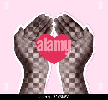 Halftone hands holding a heart. Painted heart in palms. Collage art. Vector illustration Stock Vector