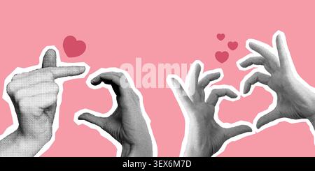 Halftone human hands showing heart gestures. Collage hands making heart symbol. Vector illustration Stock Vector