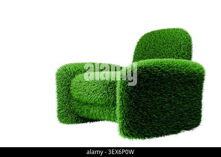 A creative 3D rendering of a modern comfortable armchair entirely covered in lush green grass, isolated against a white background for copy space and Stock Photo