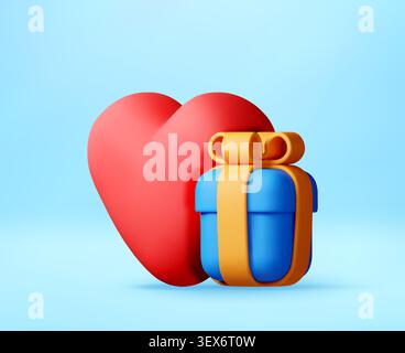 Heart next to blue gift box with ribbon in 3d Stock Vector