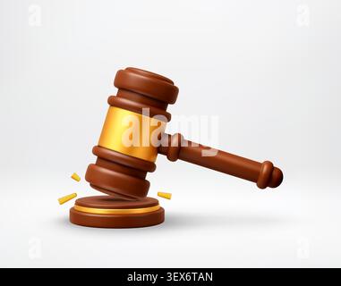 3D Wooden judge gavel hitting sound block. Stock Vector