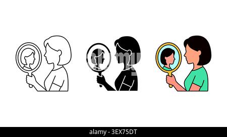 Woman looking in mirror self reflection icon set outline silhouette and color vector isolated on white background Stock Vector