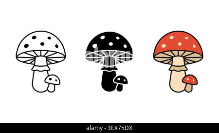 Mushroom fungus icon set outline silhouette and color vector isolated on white background Stock Vector