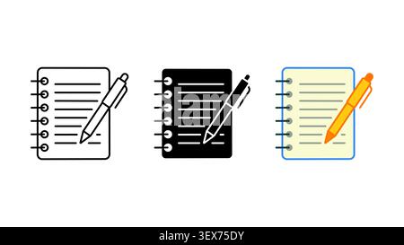 Notebook with pen writing icon set outline silhouette and color vector isolated on white background Stock Vector