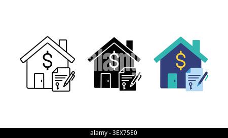 Mortgage home loan contract icon set outline silhouette and color vector isolated on white background Stock Vector
