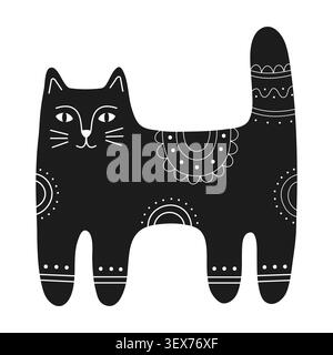 Black cat silhouette with folk art ornaments. Naive hand drawn animal icon Stock Vector